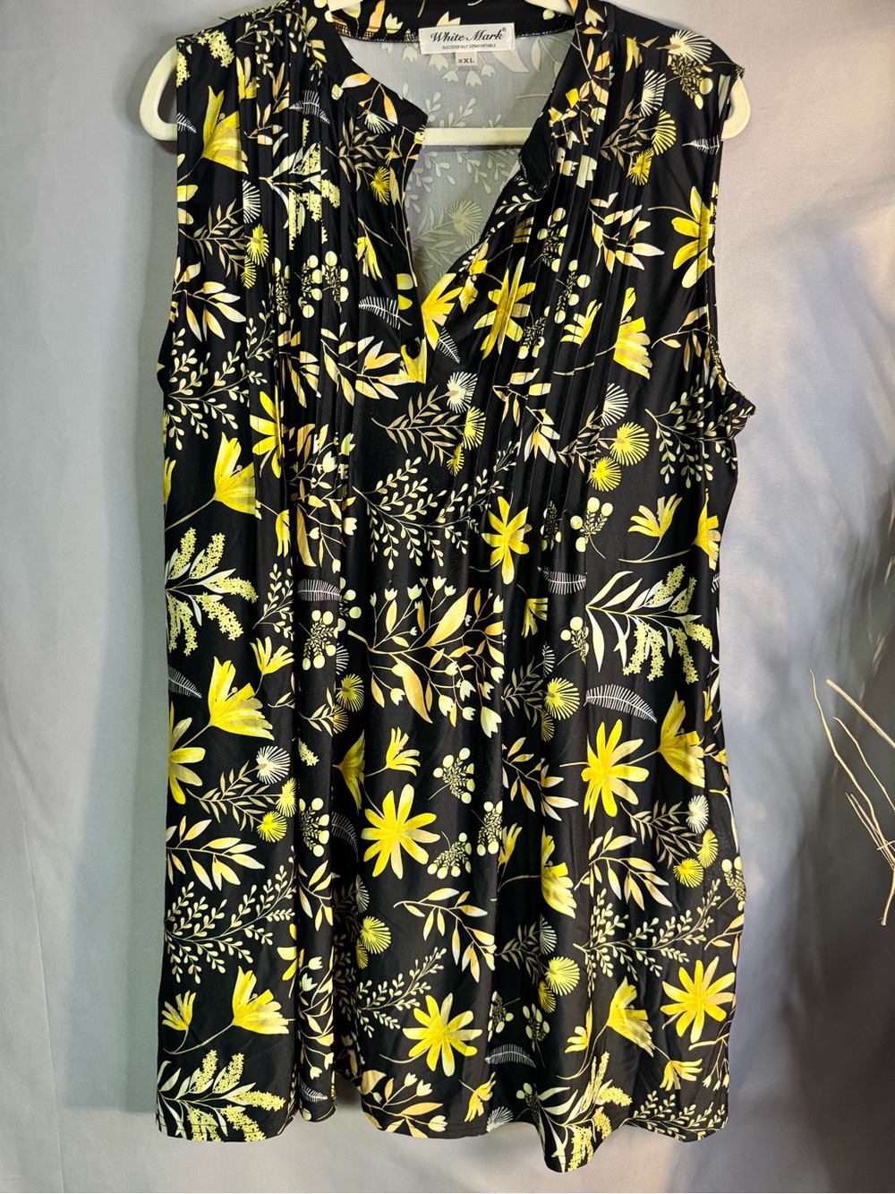 White Mark Black Sleeveless V-Neck tunic with Yellow Floral Print